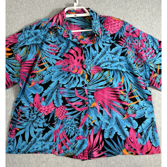 Vintage Hawaiian Shirt Size L Blue Floral Boxy Pineapples Short Sleeve Cropped - Picture 1 of 13